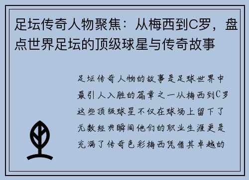 足坛传奇人物聚焦：从梅西到C罗，盘点世界足坛的顶级球星与传奇故事