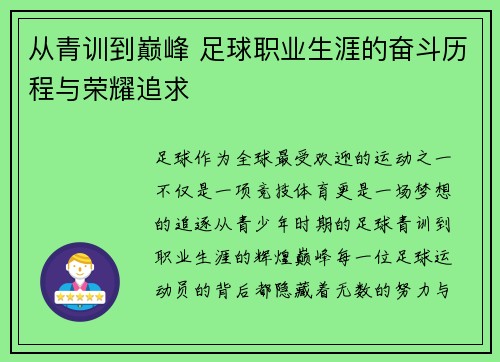 从青训到巅峰 足球职业生涯的奋斗历程与荣耀追求