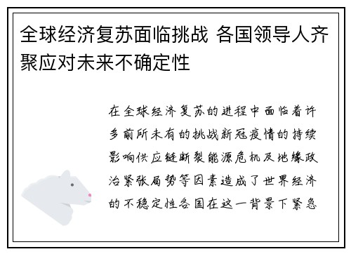全球经济复苏面临挑战 各国领导人齐聚应对未来不确定性