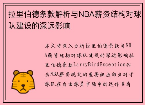 拉里伯德条款解析与NBA薪资结构对球队建设的深远影响